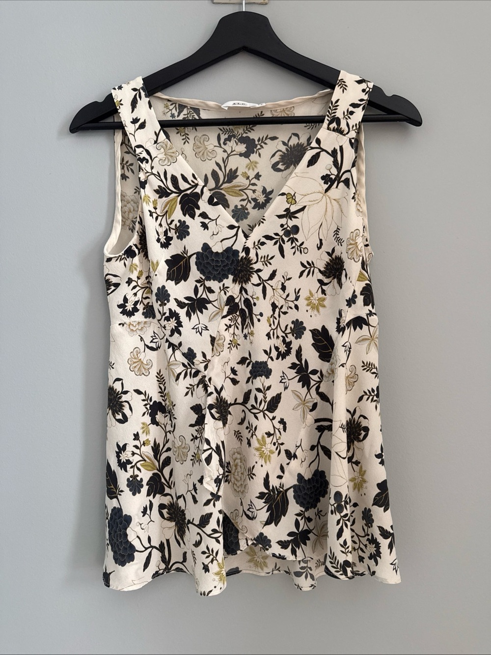 A.L.C. Cream Floral V-Neck Sleeveless Camisole with Black & Olive Accents